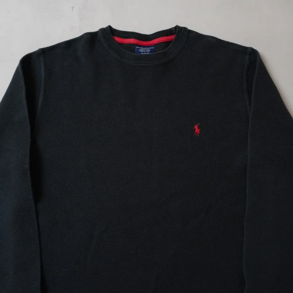 Polo Ralph Lauren Mens XL Black Waffle Knit Long Sleeve Sleepwear Shirt Red Pony